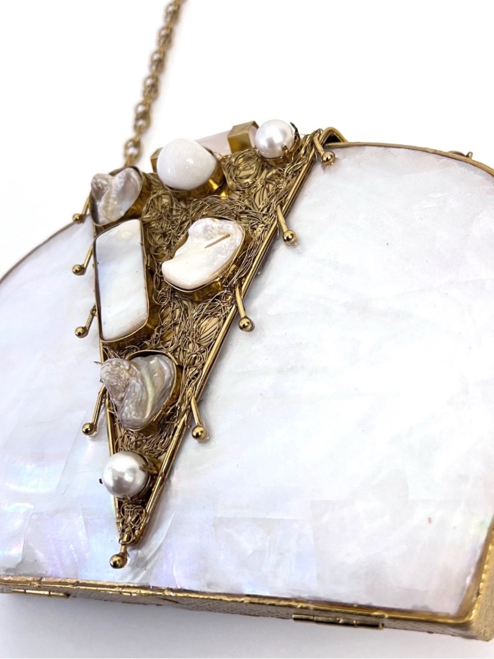 Ramla La Perle Gemstone Clutch Bag Mother of Pearl Handmade Gold White NEW - Picture 5 of 11